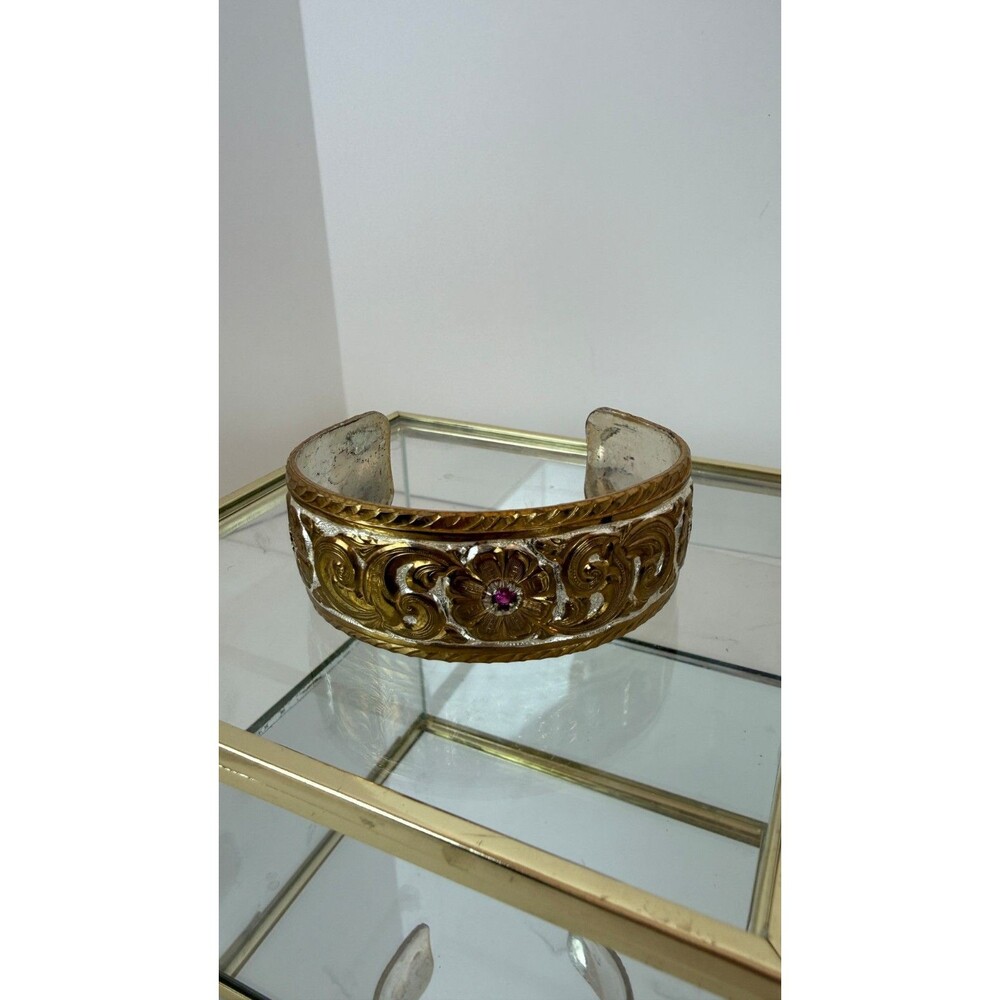 Vintage Crumrine Western Floral Scroll Cuff Bracelet Two Tone Signed